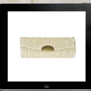 Tan Pleated Fabric Pattern Lipstick Case Holder w/ Mirror